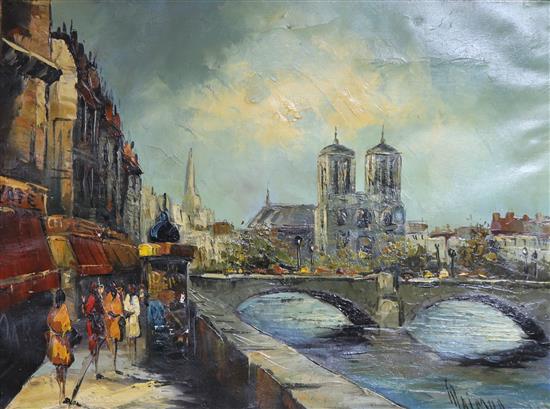 French School, oil on canvas, View of Notre Dame from t the banks of The Seine, indistinctly signed, 57 x 76cm